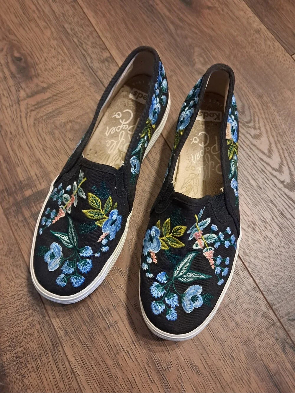 Keds Rifle Paper Co. Black Slip-On Sneakers with Blue Floral Embroidery